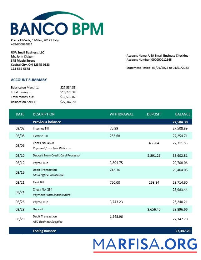 Downloadable Banco BPM enterprise statement Word and PDF template